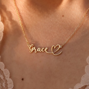 14K Gold Heart Name Necklace, Heart Necklace, Personalized Name Necklace, Dainty Jewelry, Bridesmaid Gifts, Birthday Gifts, XW113
