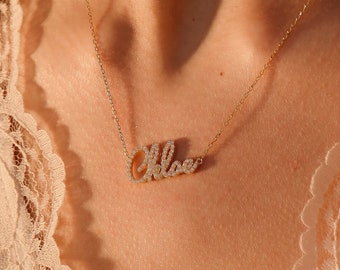 14K Gold Crystal Name Necklace, Personalized Necklace, Pave Name Necklace, CZ Diamonds Jewelry, Bridesmaid Gifts, Gift for Her, XW99