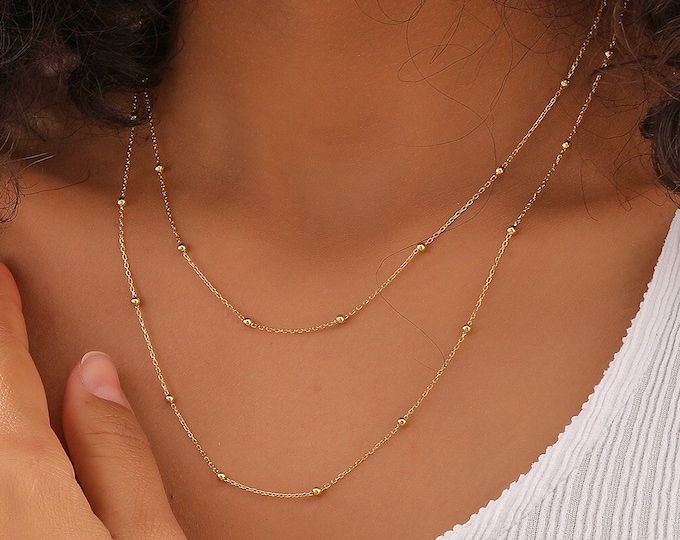 18K Gold Satellite Layered Necklace, Dainty Beaded Duo Chain, Gold Chain Necklace, Necklace for Women, Christmas Gifts for Her, XW129