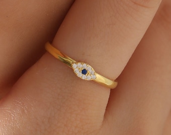 14K Gold Evil Eye Ring, Dainty Ring, Evil eye Jewelry, Pinky Protection Ring, Gift for Her, Maid of Honor Gift, XW185