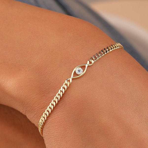 14K Gold Evil Eye Bracelet, Cuban Link Chain Evil Eye Bracelet, Dainty Bracelet, Evil Eye Jewelry, Gift for Her, Maid of Honor Gift, XW126