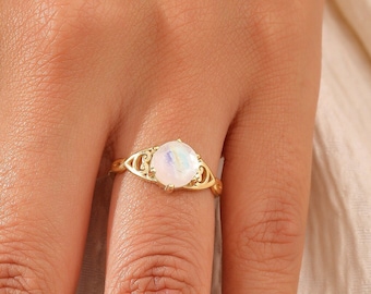 14K Gold Moonstone Ring, Engagement Ring, Rainbow Moonstone, Dainty Promise Ring, Crystal Ring, Wedding Gift, XW189