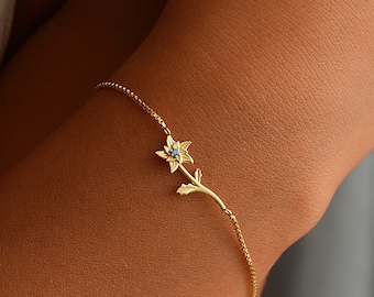 Personalized Birth Flower Bracelet with Box Chain, Dainty Birthstone Bracelet, Floral Jewelry, Meaningful Gift, Mother Daughter Gift, XW230