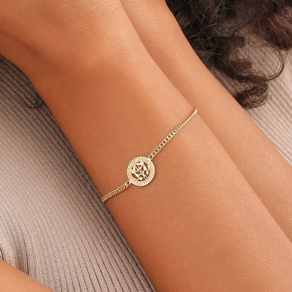 18K Gold Zodiac Coin Bracelet, Bracelet for Women, Curb Chain Bracelet, Zodiac Sign, Astrology Lovers Gift, Birthday Gift, XW156