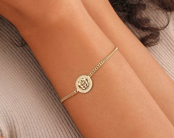 18K Gold Zodiac Coin Bracelet, Bracelet for Women, Curb Chain Bracelet, Zodiac Sign, Astrology Lovers Gift, Birthday Gift, XW156