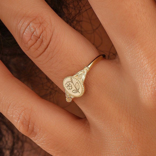 14K Real Gold Birth Flower Ring, Solid Gold Signet Ring, Personalized Ring, Floral Jewelry, Birthday Gift, Gift for Mom, XW169