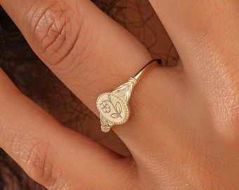 14K Real Gold Birth Flower Ring, Solid Gold Signet Ring, Personalized Ring, Floral Jewelry, Birthday Gift, Gift for Mom, XW169