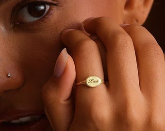 18K Gold Filled Engraved Signet Ring, Personalized Name Ring