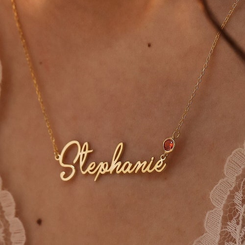 Personalized Name Necklace With Birthstone Silver Birthstone Etsy