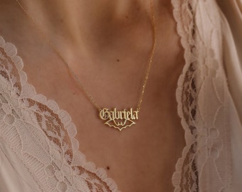 Bat Name Necklace, Custom Bat Pendant, Personalized Bat Necklace, Tiny Bat Necklace, Gothic Jewelry, Birthday Gift, Gift for Her, XW123