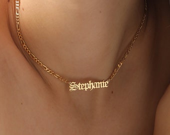 Figaro Chain Name Necklace, Old English, Name Necklace Gold, Name Plate, Personalized Gift, Birthday Gift, XW51