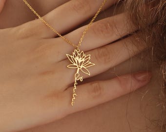Sterling Silver Birth Flower Name Necklace, Personalized Necklace, Handmade Birth Month Flower Jewelry, Bridesmaid Gift, XW115