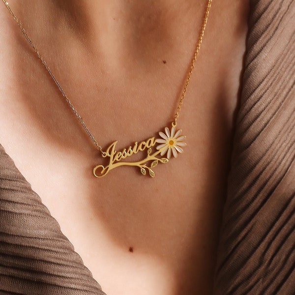 Custom Daisy Name Necklace, Flower Name Necklace, Floral Necklace, Handmade Jewelry, Flower Pendant, Bridesmaid Gifts, Gift for Her, XW77