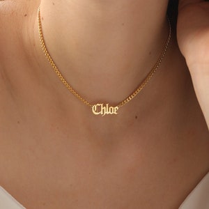 Curb Chain Name, Old English Name Necklace, 14K Gold Name Necklace, Customized Gothic Name Plate Necklace, Gift For Her, Birthday Gift, XW40