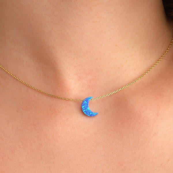 Dainty Moon Necklace, 14K Gold Blue Opal Necklace, Crescent Moon Necklace, Opal Jewelry, Birthday Gift, Silver and Rose Gold, HXW14