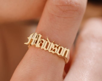 14K Gold Old English Name Ring , Custom Gothic Name Ring, Personalized Ring, Birthday Gifts, Gift for Mom, Bestfriends Gift, XW109