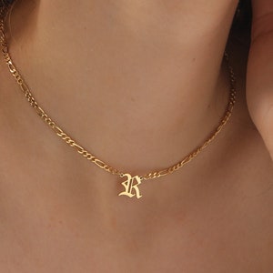 Figaro Chain Initial Necklace, Old English, Initial Necklace Gold, Letter Necklace, Personalized Gift, Birthday Gift, XW51 image 1