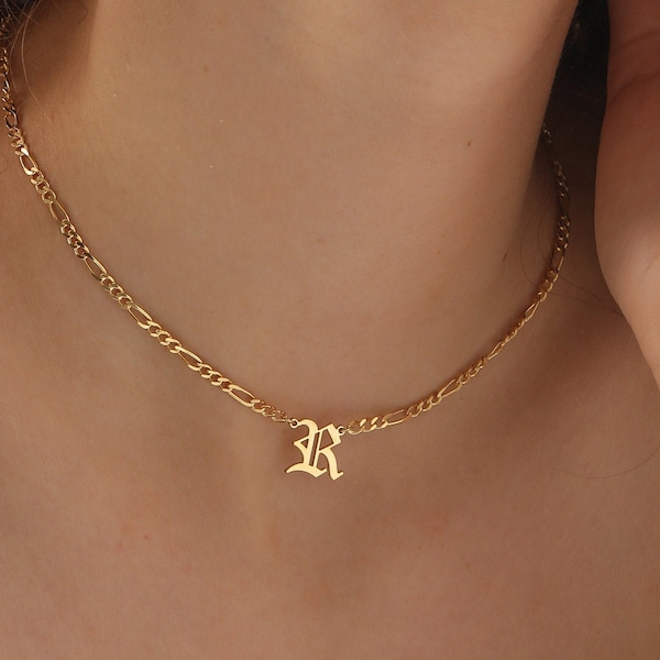 Figaro Chain Initial Necklace, Old English, Initial Necklace Gold, Letter Necklace, Personalized Gift, Birthday Gift, XW51