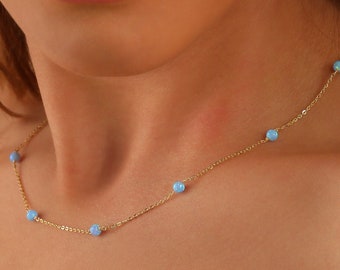 14K Gold Dainty Opal Necklace, Beaded Opal Necklace, Thin Gold Chain Necklace, Opal Jewelry, Bridesmaid Gift, OPL001