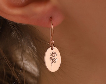 Dainty Birth Flower Earrings, Floral Signet Earrings, Cute Dangle Earrings, Floral Jewelry, Birthday Gift, Silver, Gold and Rose Gold, XW70