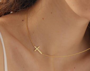 Gold Sideways Cross Necklace, Sterling Silver, Religious Gift