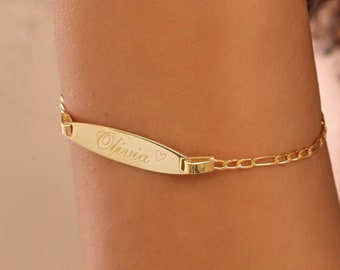 14K Gold Name Bracelet, Custom Engraved Bracelet with Figaro Chain, Dainty Layering Bracelet, New Mom Gift, Rose Gold and Silver, XW144