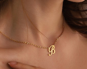 14K Gold Initial Necklace with Figaro Chain, Letter Necklace, Initial Necklace for Women, Personalized Jewelry, Gift for Her, XW51