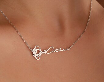 Sterling Silver Birth Flower Name Necklace, Custom Flower Necklace, Birth Flower Jewelry, Mom Birthday Gift, Wedding Gift, XW68