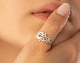 Sterling Silver Monogram Ring, Custom Letter Ring, Personalized Ring, Gift For Her, Gold, Rose Gold  XW21