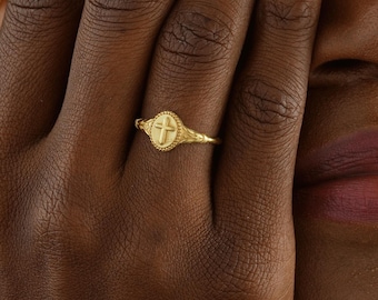 Small Cross Ring, Gold Filled Signet Ring for Women, Protection Jewelry, XW303