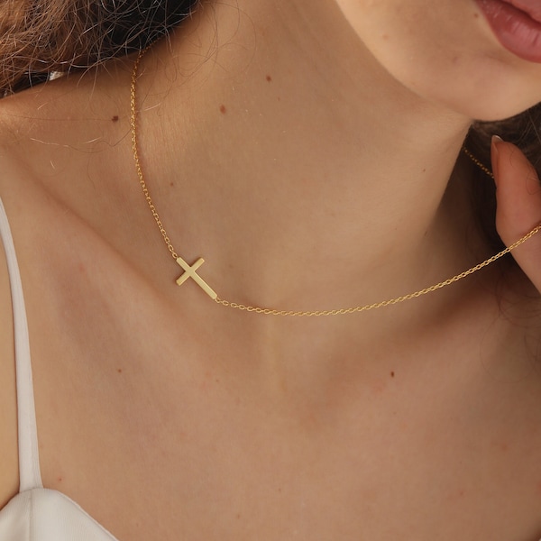 14K Solid Gold Cross Necklace, Sideways Necklace, Dainty Cross Necklace, Necklace for Women, Gift for Mom, Mothers Day Gift, XW44