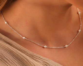 Collar de perlas de plata de ley, joyería de boda, collar de estación de perlas para mamá, perla de agua dulce, regalo perfecto para mamá, PRL001