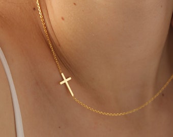 Gold Cross Necklace, Tiny Cross Necklace, Sideways Cross Charm, Religious Gift, Minimalist Necklace, Birthday Gift, Gift For Her, XW44