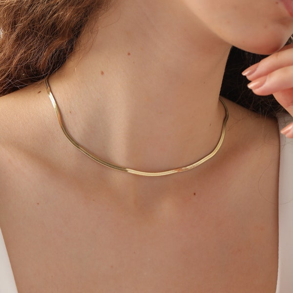 Snake Necklace Gold, Herringbone Necklace Gold, High Quality Flat Snake Chain Choker, Silver, Gold and Rose Gold, HXW01