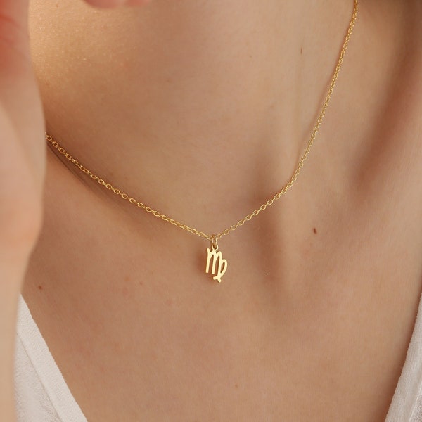 14K Gold Virgo Necklace, Zodiac Necklace Silver, Libra Necklace, Personalized Jewelry, Astrology Birthday Gift, Rose Gold, XW32