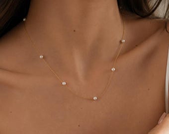 Sterling Silver Pearl Station Necklace, Freshwater Wedding Jewelry