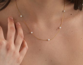 14K Gold Filled Dainty Freshwater Pearl Chain Necklace, Pearl Jewelry, Gift for Mom, PRL001