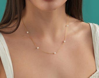 Sterling Silver Pearl Station Necklace, Freshwater Wedding Jewelry
