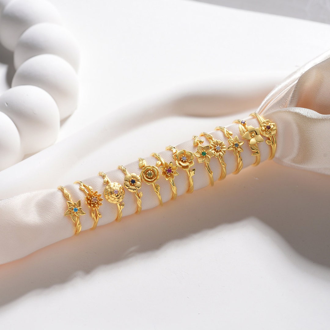 14K Gold Filled Birth Flower Ring, Birthstone Ring, Custom Dainty Ring, Birthday Gift, XW223