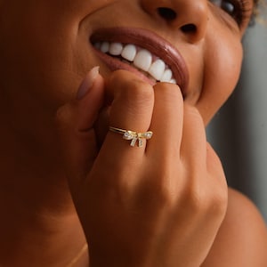 14K Gold Filled Bow Tie Ring, CZ Diamond Ribbon Statement Ring