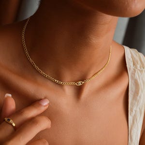 14K Gold Filled Evil Eye Curb Chain Necklace, Protective Jewelry