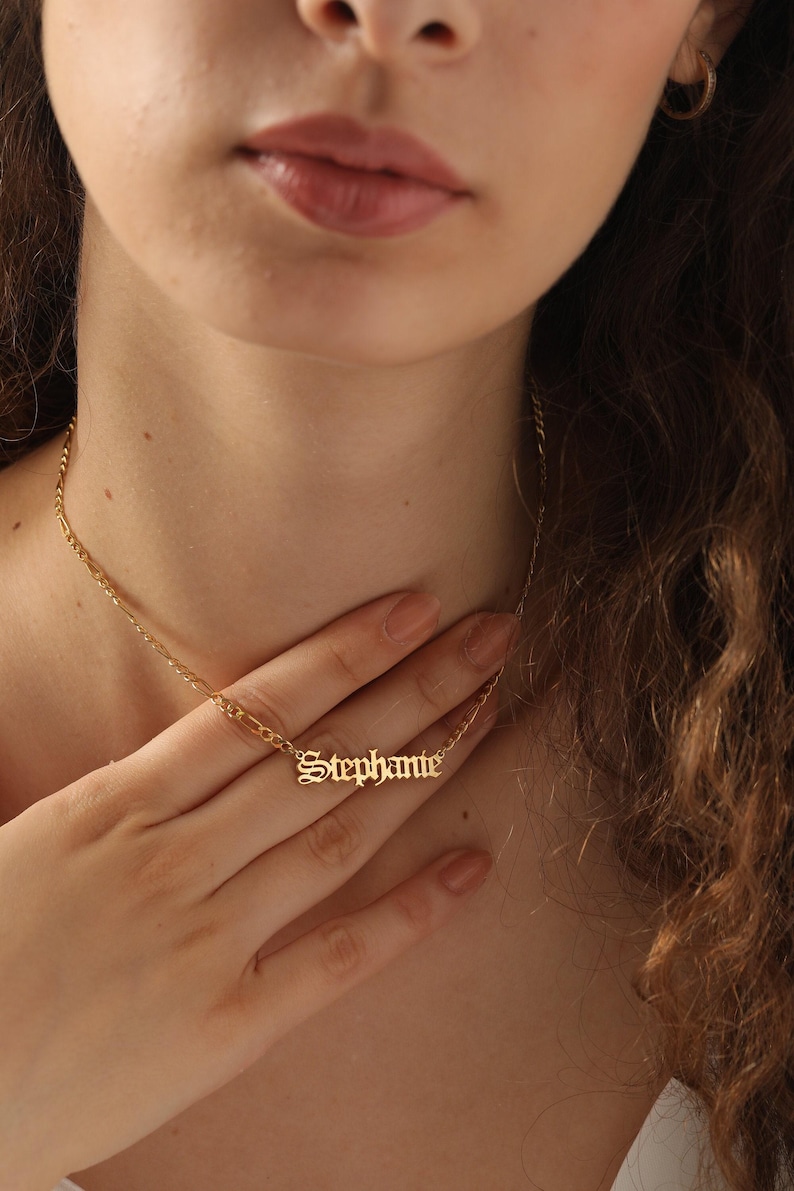 Custom Name Plate Necklace, Figaro Chain, Sterling Silver Gold Finish, Personalized Jewelry image 2
