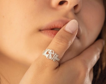 Sterling Silver Monogram Ring, Custom Initial Jewelry