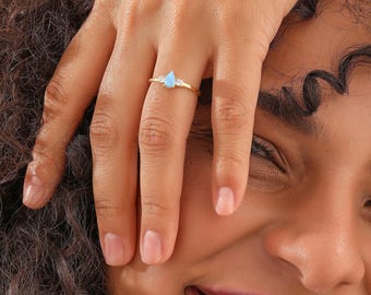 14K Gold Filled Pear Opal Ring, Dainty Stacking, Blue Opal Jewelry, HXW08