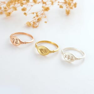 Gold Filled Birth Flower Signet Ring, Personalized Floral Jewelry, Bridesmaid Gift