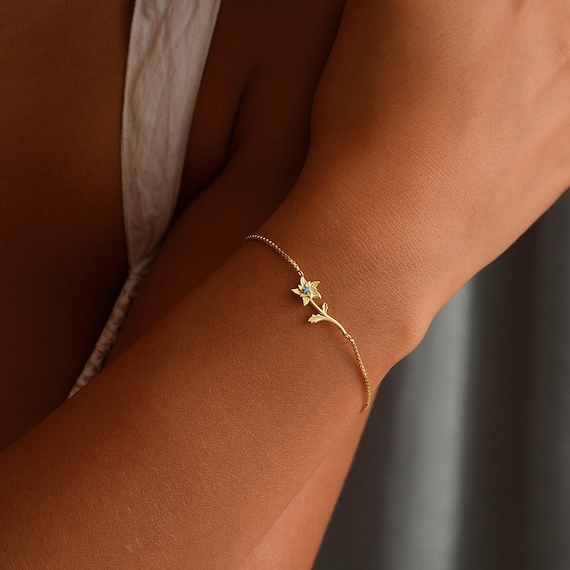Personalized Birth Flower Bracelet, Sterling Silver Box Chain, Birthstone Floral Jewelry