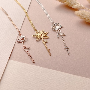 Custom Birth Flower Name Necklace, Sterling Silver, Bridesmaid Gift