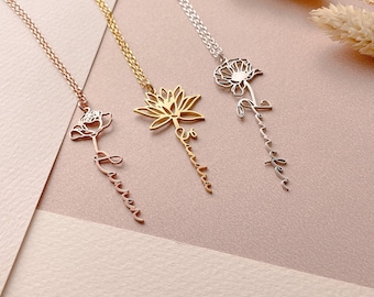 Custom Birth Flower Name Necklace, Sterling Silver, Bridesmaid Gift