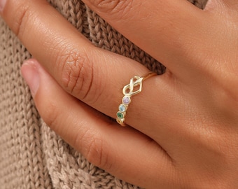 Gold Heart Birthstone Ring, Sterling Silver Family Ring