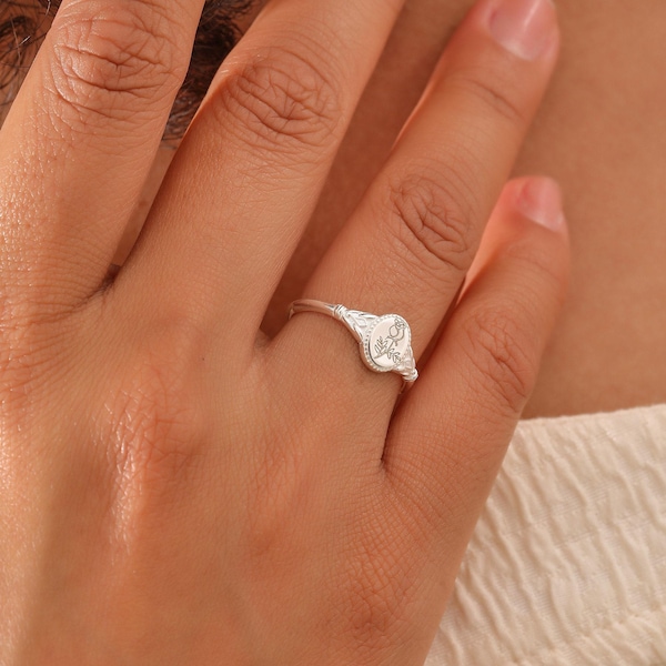 Sterling Silver Birth Flower Signet Ring, Personalized Gift